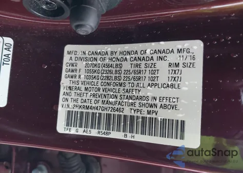 2016 Honda Cr-V Se from USA, damaged, VIN 2HKRM4H47GH726462